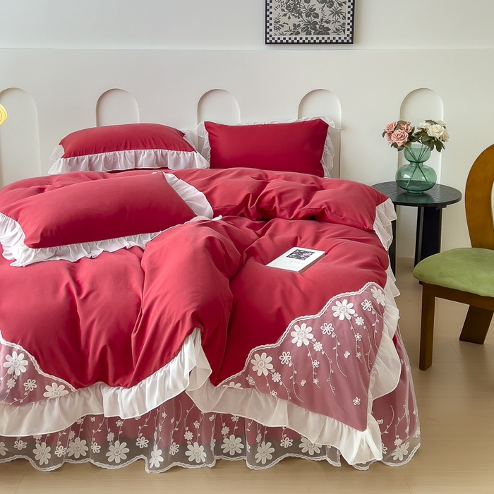 91家纺网 家纺一手货源 找家纺 睡美人 2026新款锦棉蕾丝款系列韩版公主风床裙四件套-花舞 花舞-胭脂红
