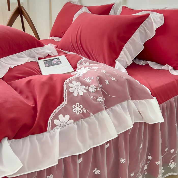 91家纺网 家纺一手货源 找家纺 睡美人 2026新款锦棉蕾丝款系列韩版公主风床裙四件套-花舞 花舞-胭脂红