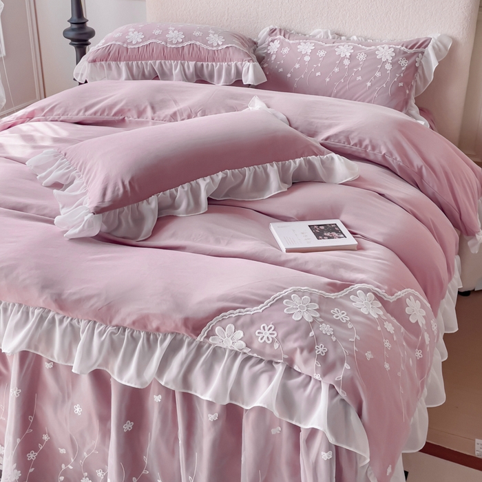 91家纺网 家纺一手货源 找家纺 睡美人 2026新款锦棉蕾丝款系列韩版公主风床裙四件套-花舞 花舞-香叶紫