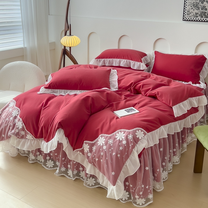 91家纺网 家纺一手货源 找家纺 睡美人 2026新款锦棉蕾丝款系列韩版公主风床裙四件套-花舞 花舞-胭脂红