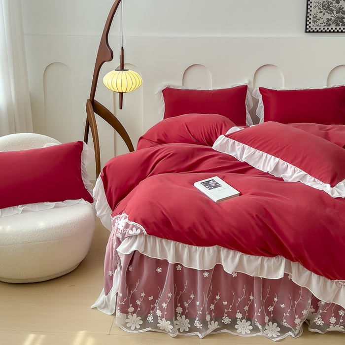 91家纺网 家纺一手货源 找家纺 睡美人 2026新款锦棉蕾丝款系列韩版公主风床裙四件套-花舞 花舞-胭脂红