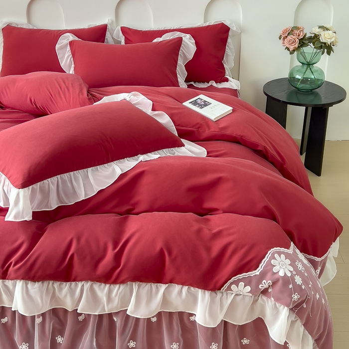 91家纺网 家纺一手货源 找家纺 睡美人 2026新款锦棉蕾丝款系列韩版公主风床裙四件套-花舞 花舞-胭脂红