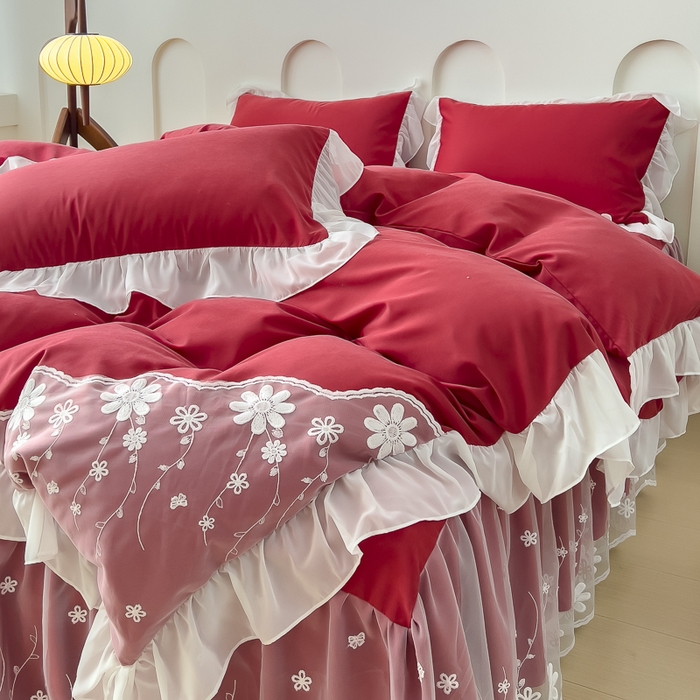 91家纺网 家纺一手货源 找家纺 睡美人 2026新款锦棉蕾丝款系列韩版公主风床裙四件套-花舞 花舞-胭脂红