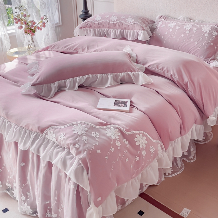 91家纺网 家纺一手货源 找家纺 睡美人 2026新款锦棉蕾丝款系列韩版公主风床裙四件套-花舞 花舞-香叶紫