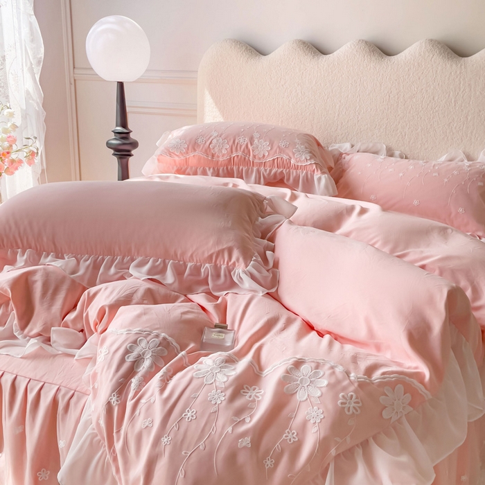 91家纺网 家纺一手货源 找家纺 睡美人 2026新款锦棉蕾丝款系列韩版公主风床裙四件套-花舞 花舞-蜜桃粉