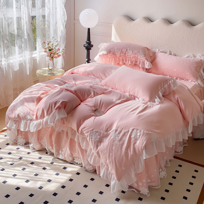 91家纺网 家纺一手货源 找家纺 睡美人 2026新款锦棉蕾丝款系列韩版公主风床裙四件套-花舞 花舞-蜜桃粉