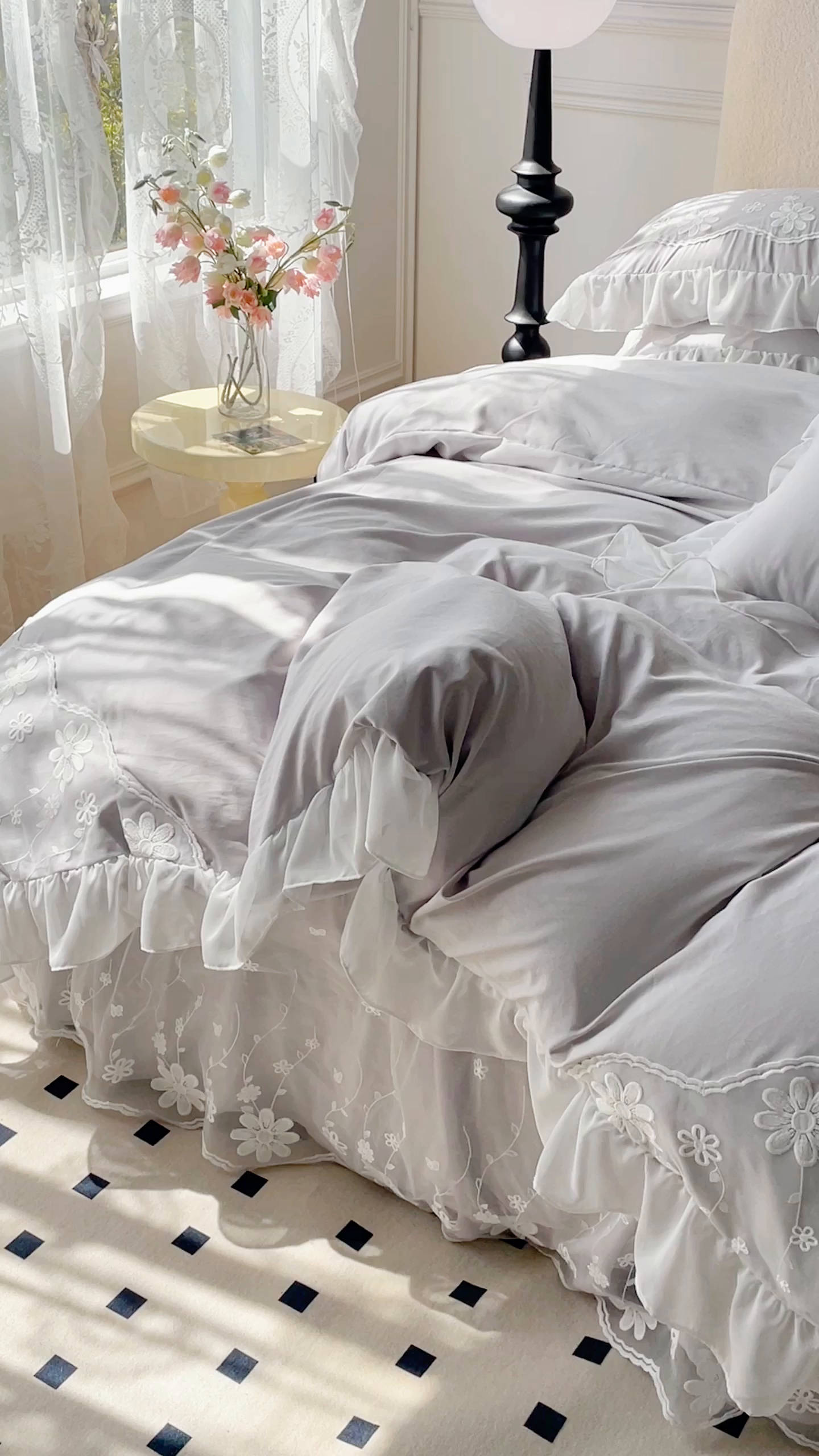 91家纺网 家纺一手货源 找家纺 睡美人 2026新款锦棉蕾丝款系列韩版公主风床裙四件套-花舞 花舞-香叶紫