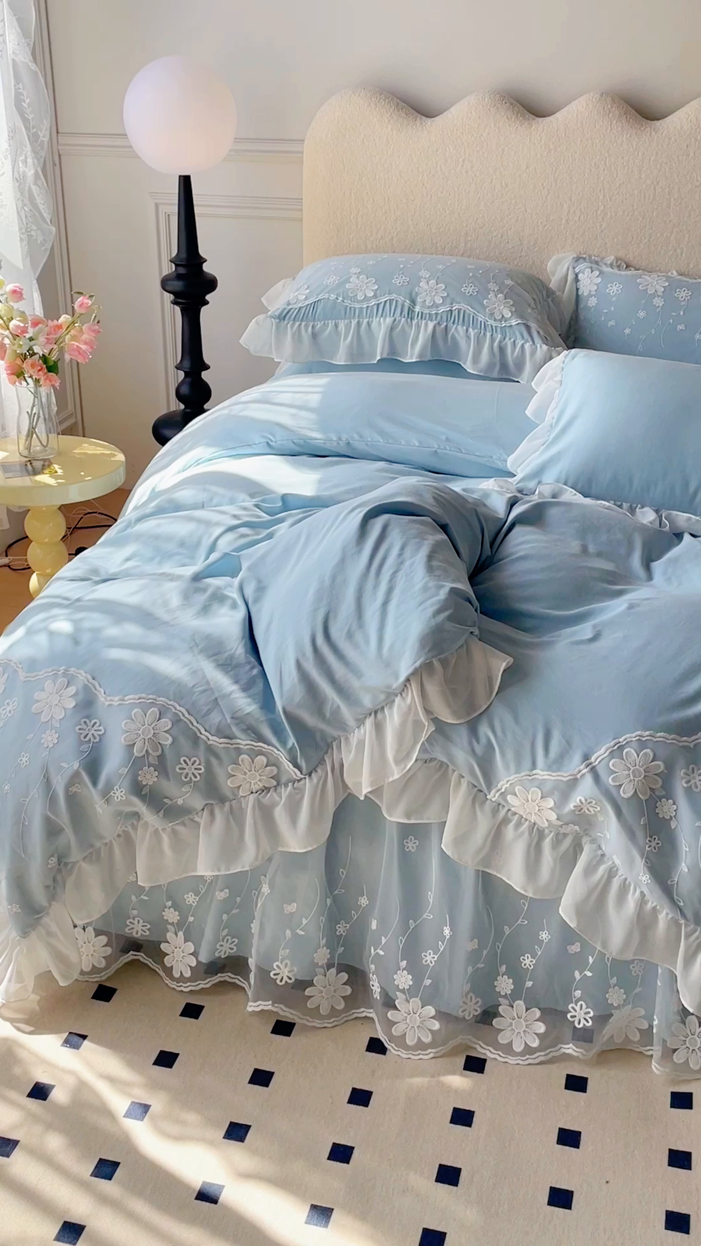 91家纺网 家纺一手货源 找家纺 睡美人 2026新款锦棉蕾丝款系列韩版公主风床裙四件套-花舞 花舞-青春兰