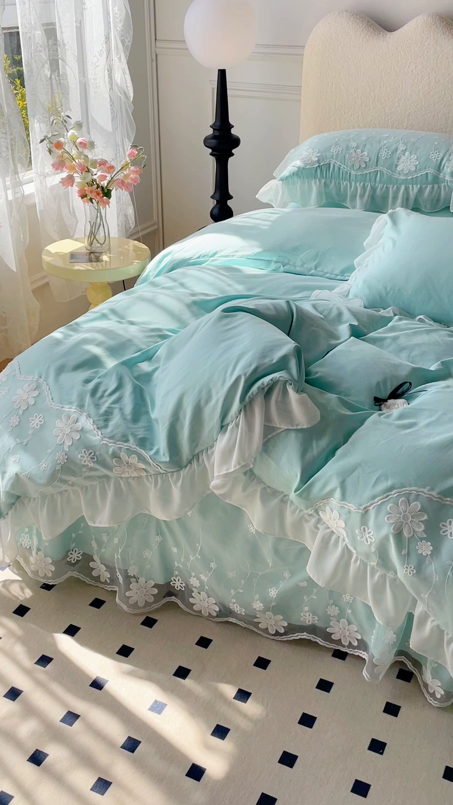 91家纺网 家纺一手货源 找家纺 睡美人 2026新款锦棉蕾丝款系列韩版公主风床裙四件套-花舞 花舞-嫩芽绿