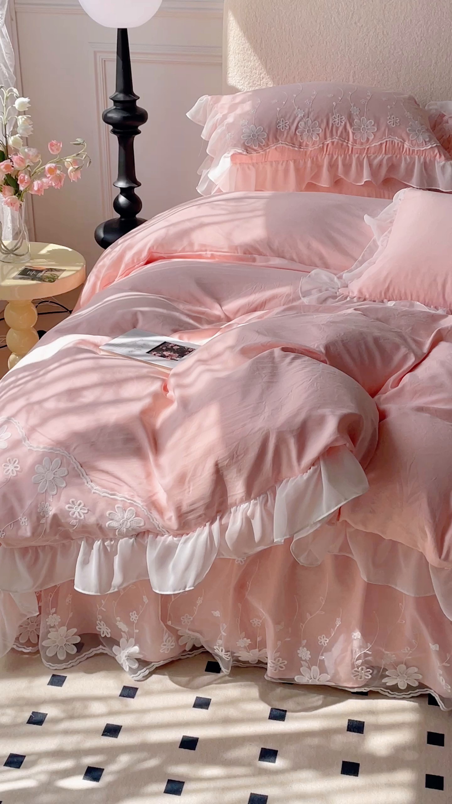 91家纺网 家纺一手货源 找家纺 睡美人 2026新款锦棉蕾丝款系列韩版公主风床裙四件套-花舞 花舞-蜜桃粉