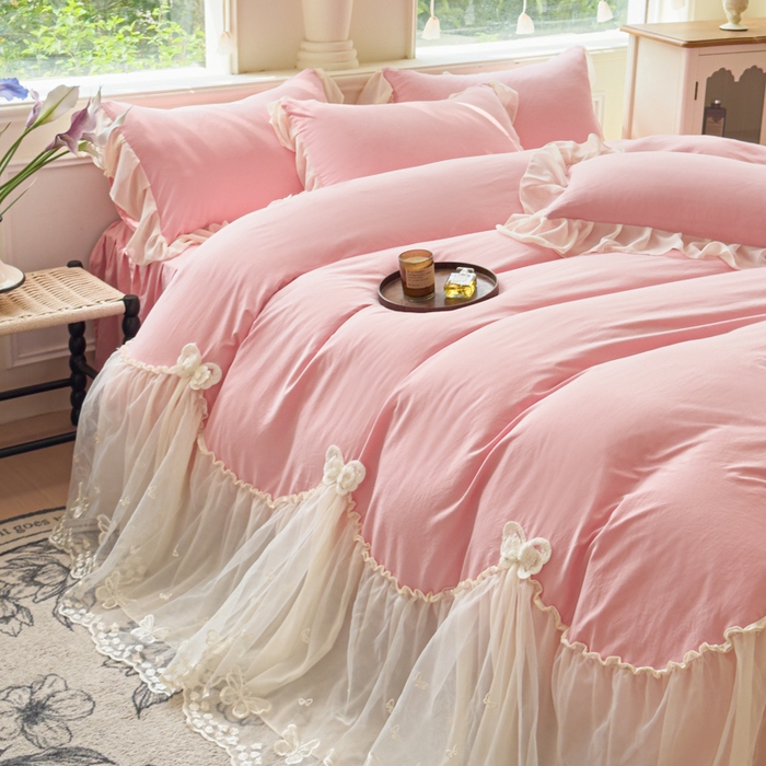 91家纺网 家纺一手货源 找家纺 （总）睡美人 2026新款锦棉糯糯棉韩版蕾丝公主款双层纱被套床裙四件套-翩翩起舞