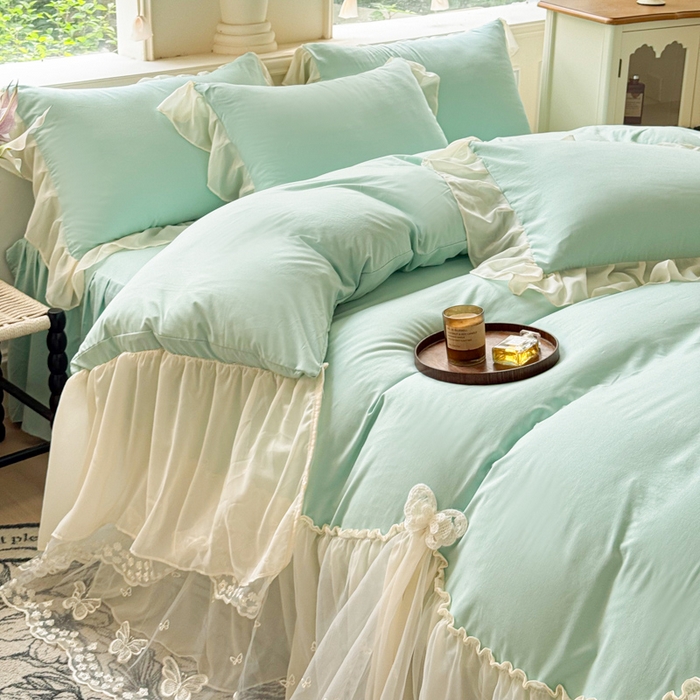 91家纺网 家纺一手货源 找家纺 （总）睡美人 2026新款锦棉糯糯棉韩版蕾丝公主款双层纱被套床裙四件套-翩翩起舞