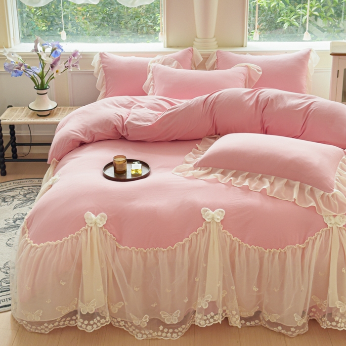 91家纺网 家纺一手货源 找家纺 （总）睡美人 2026新款锦棉糯糯棉韩版蕾丝公主款双层纱被套床裙四件套-翩翩起舞