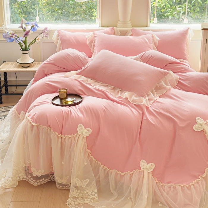 91家纺网 家纺一手货源 找家纺 （总）睡美人 2026新款锦棉糯糯棉韩版蕾丝公主款双层纱被套床裙四件套-翩翩起舞