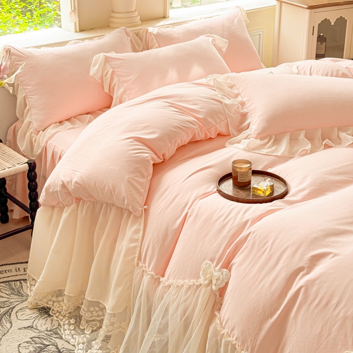 91家纺网 家纺一手货源 找家纺 （总）睡美人 2026新款锦棉糯糯棉韩版蕾丝公主款双层纱被套床裙四件套-翩翩起舞