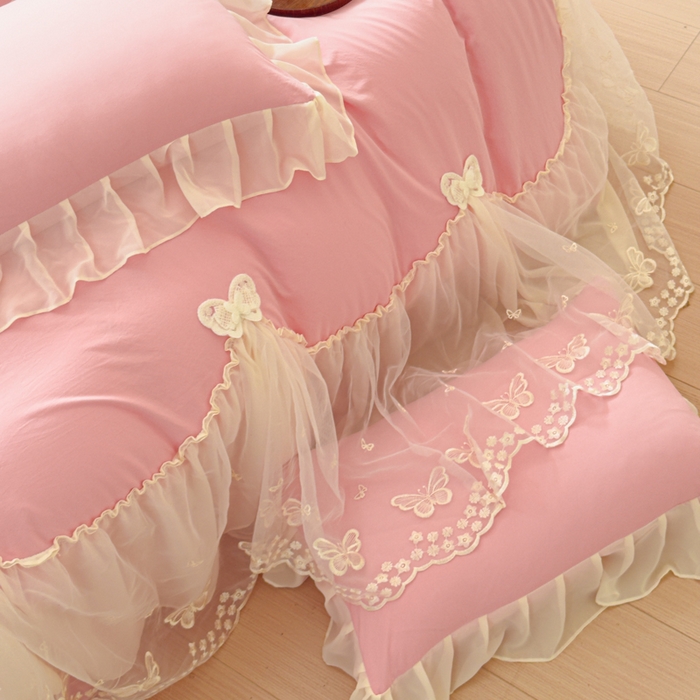 91家纺网 家纺一手货源 找家纺 （总）睡美人 2026新款锦棉糯糯棉韩版蕾丝公主款双层纱被套床裙四件套-翩翩起舞