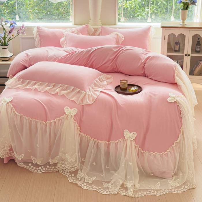 91家纺网 家纺一手货源 找家纺 （总）睡美人 2026新款锦棉糯糯棉韩版蕾丝公主款双层纱被套床裙四件套-翩翩起舞
