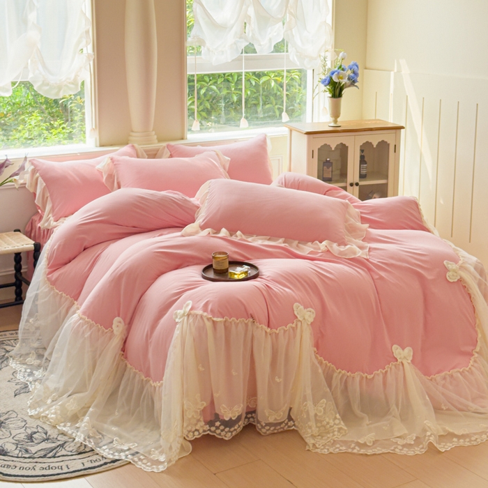 91家纺网 家纺一手货源 找家纺 （总）睡美人 2026新款锦棉糯糯棉韩版蕾丝公主款双层纱被套床裙四件套-翩翩起舞