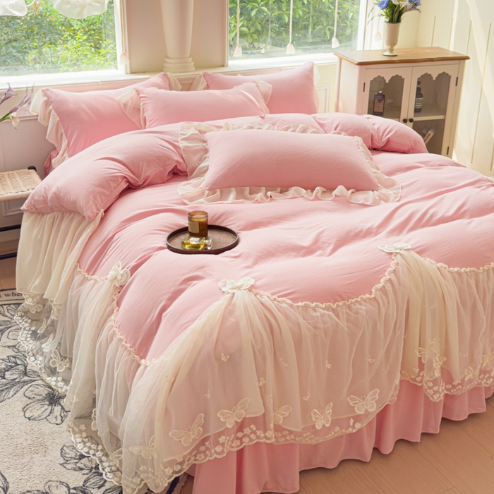 91家纺网 家纺一手货源 找家纺 （总）睡美人 2026新款锦棉糯糯棉韩版蕾丝公主款双层纱被套床裙四件套-翩翩起舞