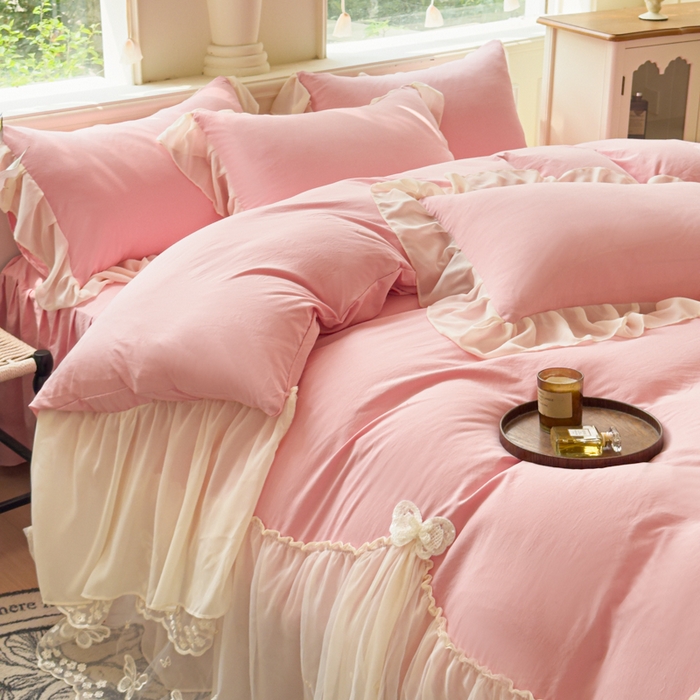 91家纺网 家纺一手货源 找家纺 睡美人 2026新款锦棉糯糯棉韩版蕾丝公主款双层纱被套床裙四件套-翩翩起舞 翩翩起舞-胭脂红