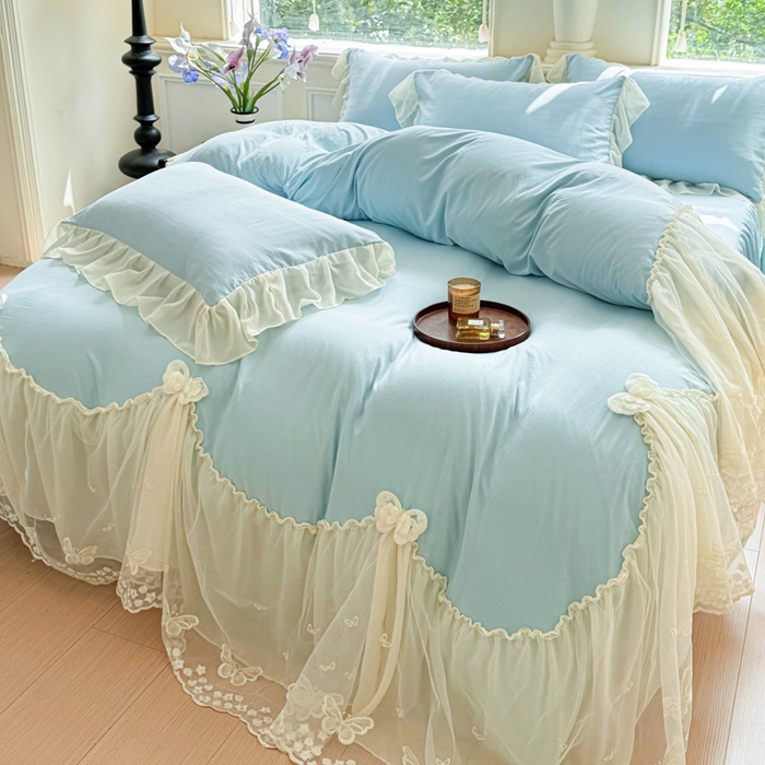 91家纺网 家纺一手货源 找家纺 睡美人 2026新款锦棉糯糯棉韩版蕾丝公主款双层纱被套床裙四件套-翩翩起舞 翩翩起舞-青春兰