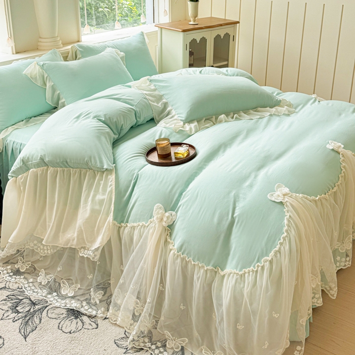 91家纺网 家纺一手货源 找家纺 睡美人 2026新款锦棉糯糯棉韩版蕾丝公主款双层纱被套床裙四件套-翩翩起舞 翩翩起舞-嫩芽绿