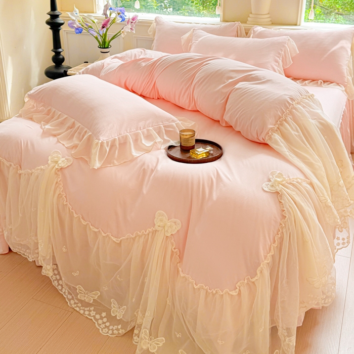 91家纺网 家纺一手货源 找家纺 睡美人 2026新款锦棉糯糯棉韩版蕾丝公主款双层纱被套床裙四件套-翩翩起舞 翩翩起舞-蜜桃粉