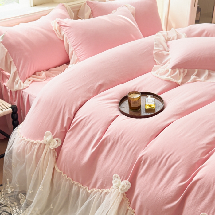 91家纺网 家纺一手货源 找家纺 （总）睡美人 2026新款锦棉糯糯棉韩版蕾丝公主款双层纱被套床裙四件套-翩翩起舞