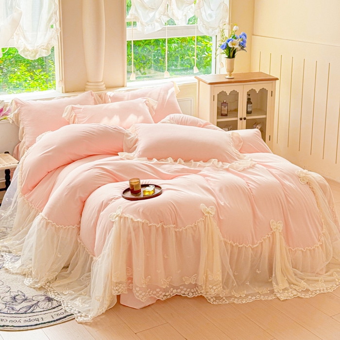 91家纺网 家纺一手货源 找家纺 睡美人 2026新款锦棉糯糯棉韩版蕾丝公主款双层纱被套床裙四件套-翩翩起舞 翩翩起舞-蜜桃粉