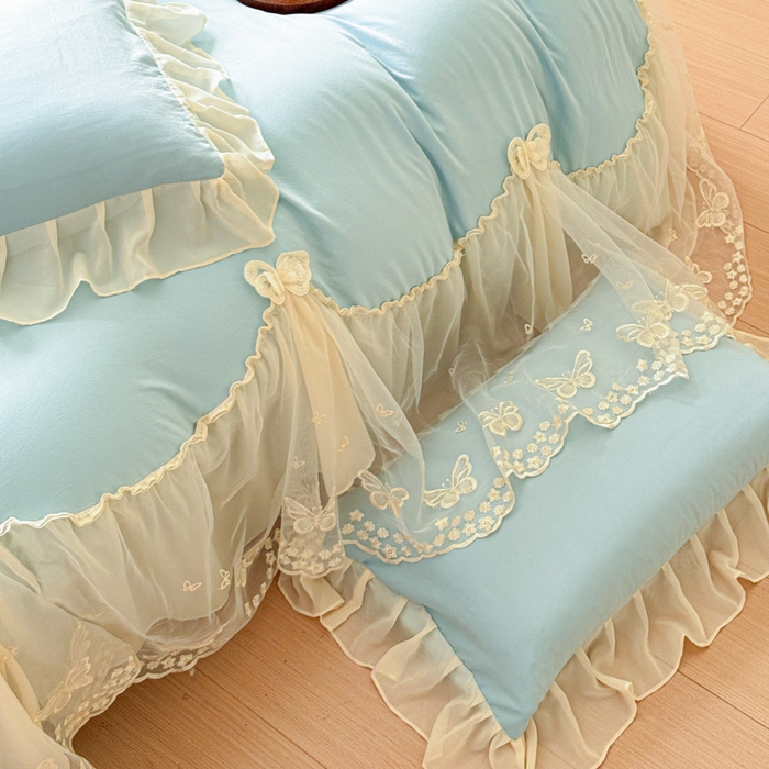 91家纺网 家纺一手货源 找家纺 睡美人 2026新款锦棉糯糯棉韩版蕾丝公主款双层纱被套床裙四件套-翩翩起舞 翩翩起舞-青春兰