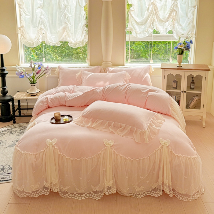 91家纺网 家纺一手货源 找家纺 睡美人 2026新款锦棉糯糯棉韩版蕾丝公主款双层纱被套床裙四件套-翩翩起舞 翩翩起舞-蜜桃粉