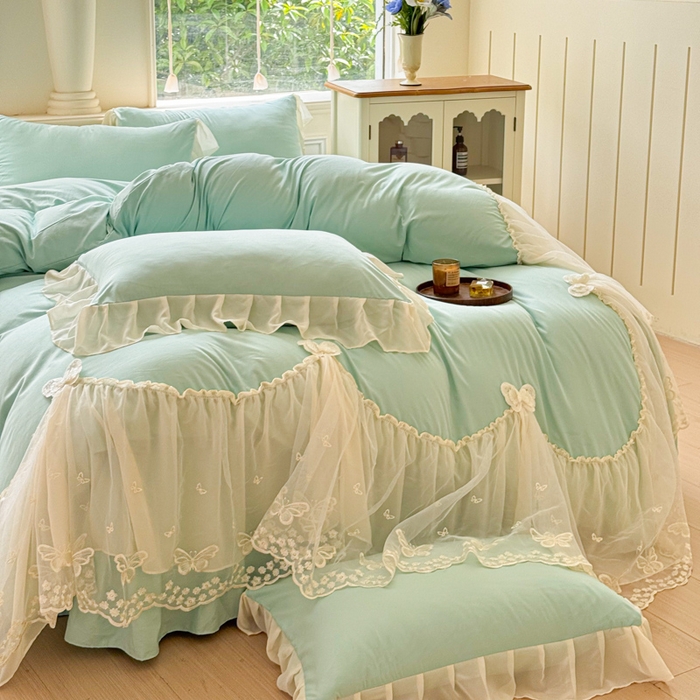 91家纺网 家纺一手货源 找家纺 睡美人 2026新款锦棉糯糯棉韩版蕾丝公主款双层纱被套床裙四件套-翩翩起舞 翩翩起舞-嫩芽绿