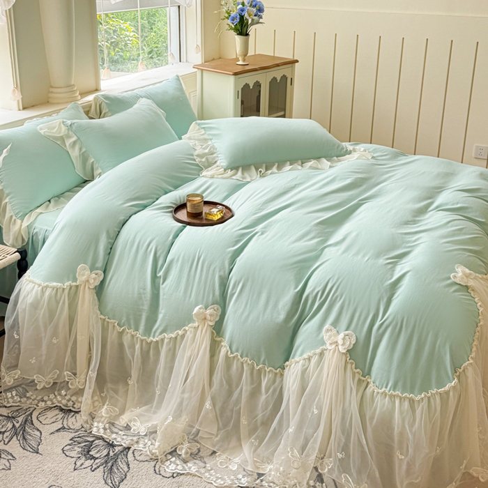 91家纺网 家纺一手货源 找家纺 睡美人 2026新款锦棉糯糯棉韩版蕾丝公主款双层纱被套床裙四件套-翩翩起舞 翩翩起舞-嫩芽绿