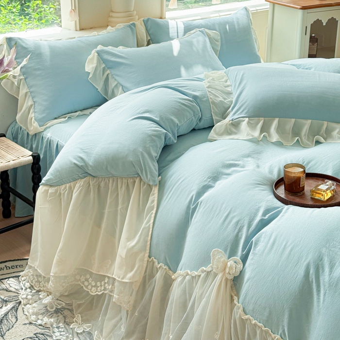 睡美人 2026新款锦棉糯糯棉韩版蕾丝公主款双层纱被套床裙四件套-翩翩起舞 翩翩起舞-青春兰