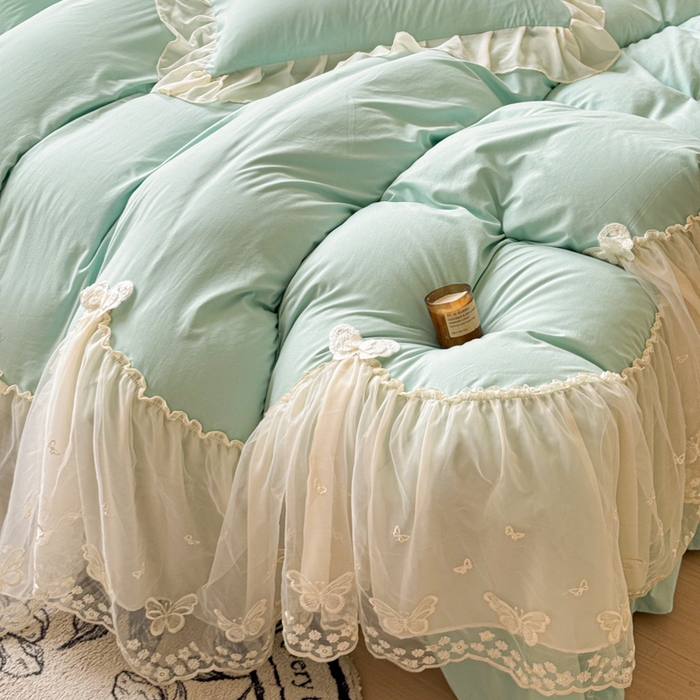 91家纺网 家纺一手货源 找家纺 睡美人 2026新款锦棉糯糯棉韩版蕾丝公主款双层纱被套床裙四件套-翩翩起舞 翩翩起舞-嫩芽绿