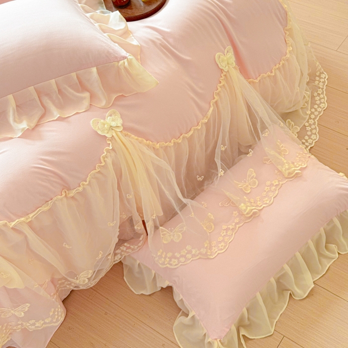 91家纺网 家纺一手货源 找家纺 睡美人 2026新款锦棉糯糯棉韩版蕾丝公主款双层纱被套床裙四件套-翩翩起舞 翩翩起舞-蜜桃粉