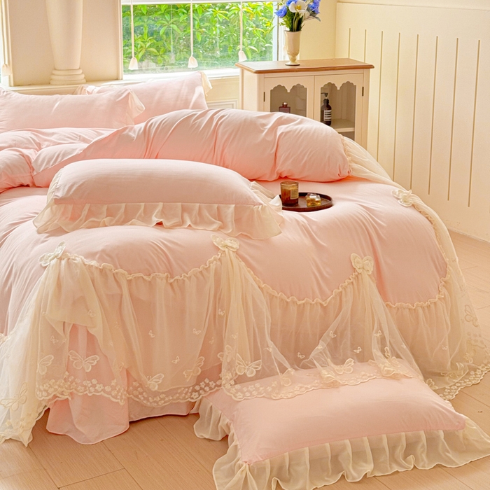 91家纺网 家纺一手货源 找家纺 睡美人 2026新款锦棉糯糯棉韩版蕾丝公主款双层纱被套床裙四件套-翩翩起舞 翩翩起舞-蜜桃粉