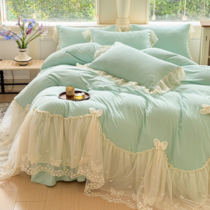 91家纺网 家纺一手货源 找家纺 睡美人 2026新款锦棉糯糯棉韩版蕾丝公主款双层纱被套床裙四件套-翩翩起舞 翩翩起舞-嫩芽绿
