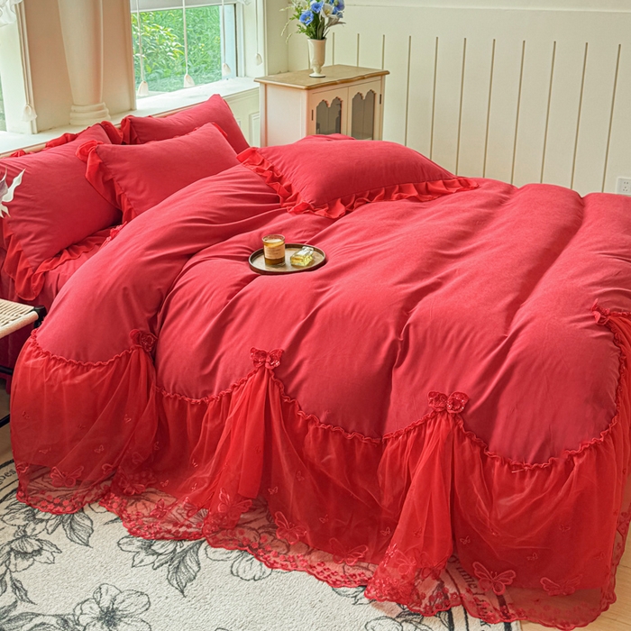 91家纺网 家纺一手货源 找家纺 睡美人 2026新款锦棉糯糯棉韩版蕾丝公主款双层纱被套床裙四件套-翩翩起舞 翩翩起舞-胭脂红
