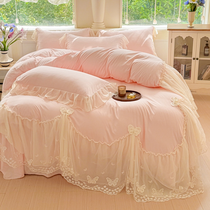 91家纺网 家纺一手货源 找家纺 睡美人 2026新款锦棉糯糯棉韩版蕾丝公主款双层纱被套床裙四件套-翩翩起舞 翩翩起舞-蜜桃粉