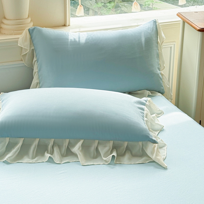 91家纺网 家纺一手货源 找家纺 睡美人 2026新款锦棉糯糯棉韩版蕾丝公主款双层纱被套床裙四件套-翩翩起舞 翩翩起舞-青春兰