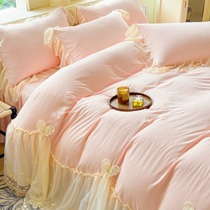 91家纺网 家纺一手货源 找家纺 睡美人 2026新款锦棉糯糯棉韩版蕾丝公主款双层纱被套床裙四件套-翩翩起舞 翩翩起舞-蜜桃粉