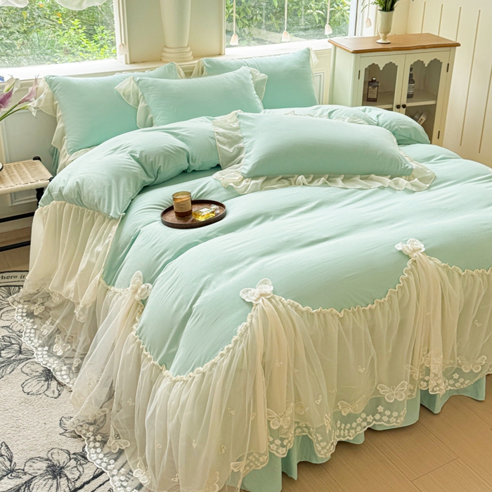 91家纺网 家纺一手货源 找家纺 睡美人 2026新款锦棉糯糯棉韩版蕾丝公主款双层纱被套床裙四件套-翩翩起舞 翩翩起舞-嫩芽绿