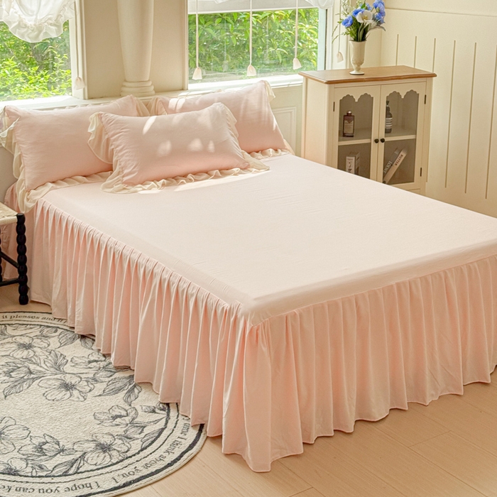 91家纺网 家纺一手货源 找家纺 睡美人 2026新款锦棉糯糯棉韩版蕾丝公主款双层纱被套床裙四件套-翩翩起舞 翩翩起舞-蜜桃粉