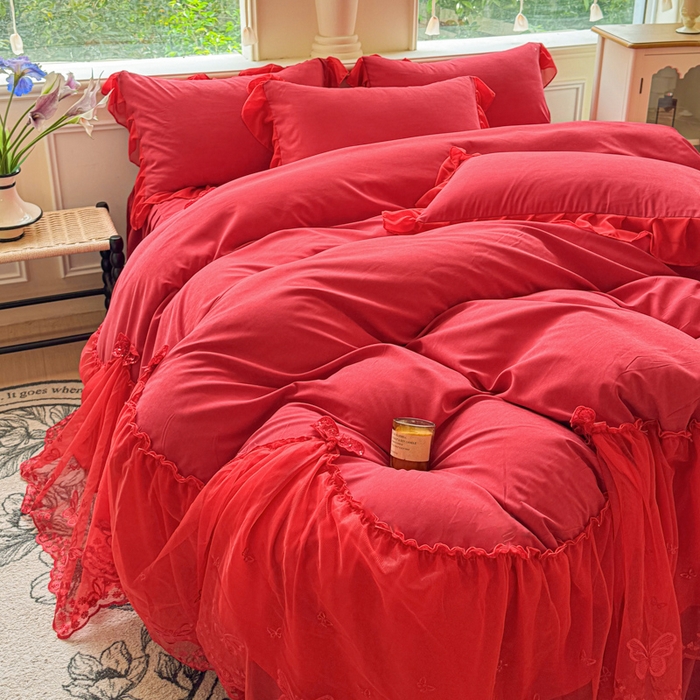 91家纺网 家纺一手货源 找家纺 睡美人 2026新款锦棉糯糯棉韩版蕾丝公主款双层纱被套床裙四件套-翩翩起舞 翩翩起舞-胭脂红