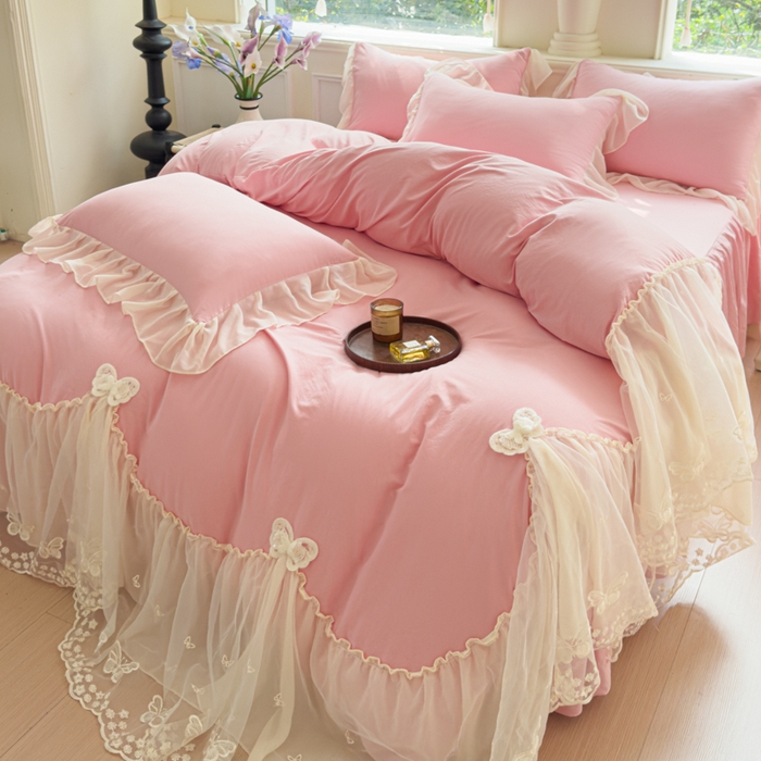 91家纺网 家纺一手货源 找家纺 （总）睡美人 2026新款锦棉糯糯棉韩版蕾丝公主款双层纱被套床裙四件套-翩翩起舞