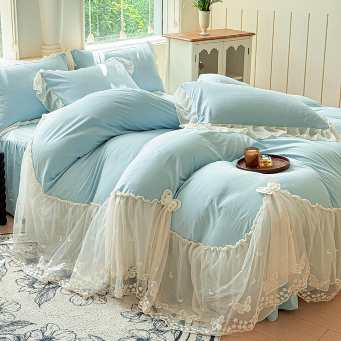 91家纺网 家纺一手货源 找家纺 睡美人 2026新款锦棉糯糯棉韩版蕾丝公主款双层纱被套床裙四件套-翩翩起舞 翩翩起舞-青春兰