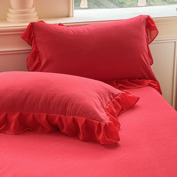 91家纺网 家纺一手货源 找家纺 睡美人 2026新款锦棉糯糯棉韩版蕾丝公主款双层纱被套床裙四件套-翩翩起舞 翩翩起舞-胭脂红