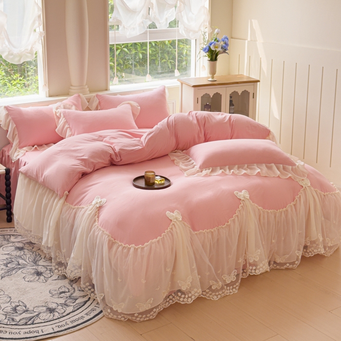 91家纺网 家纺一手货源 找家纺 睡美人 2026新款锦棉糯糯棉韩版蕾丝公主款双层纱被套床裙四件套-翩翩起舞 翩翩起舞-锦豆沙