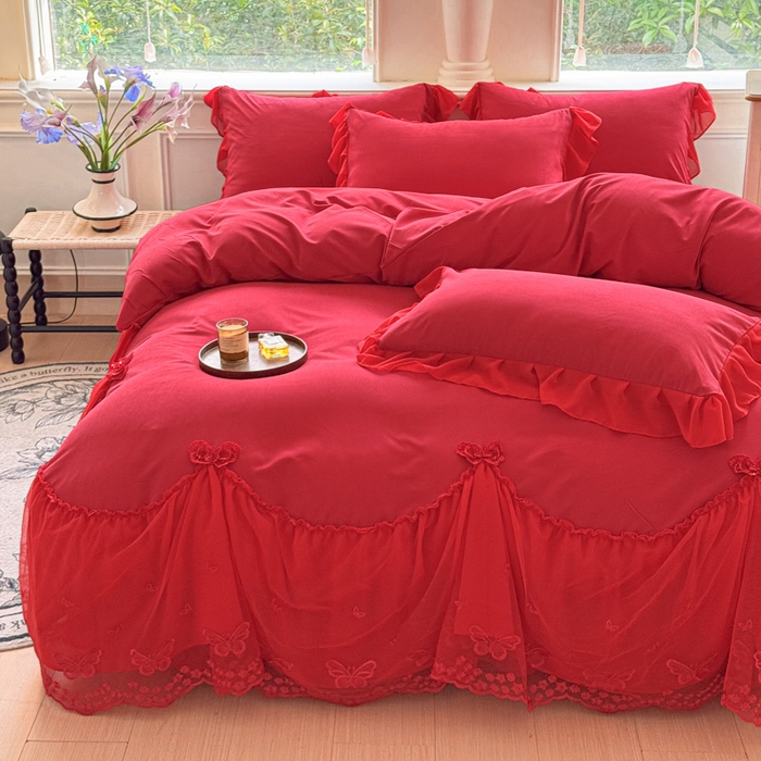 91家纺网 家纺一手货源 找家纺 睡美人 2026新款锦棉糯糯棉韩版蕾丝公主款双层纱被套床裙四件套-翩翩起舞 翩翩起舞-胭脂红